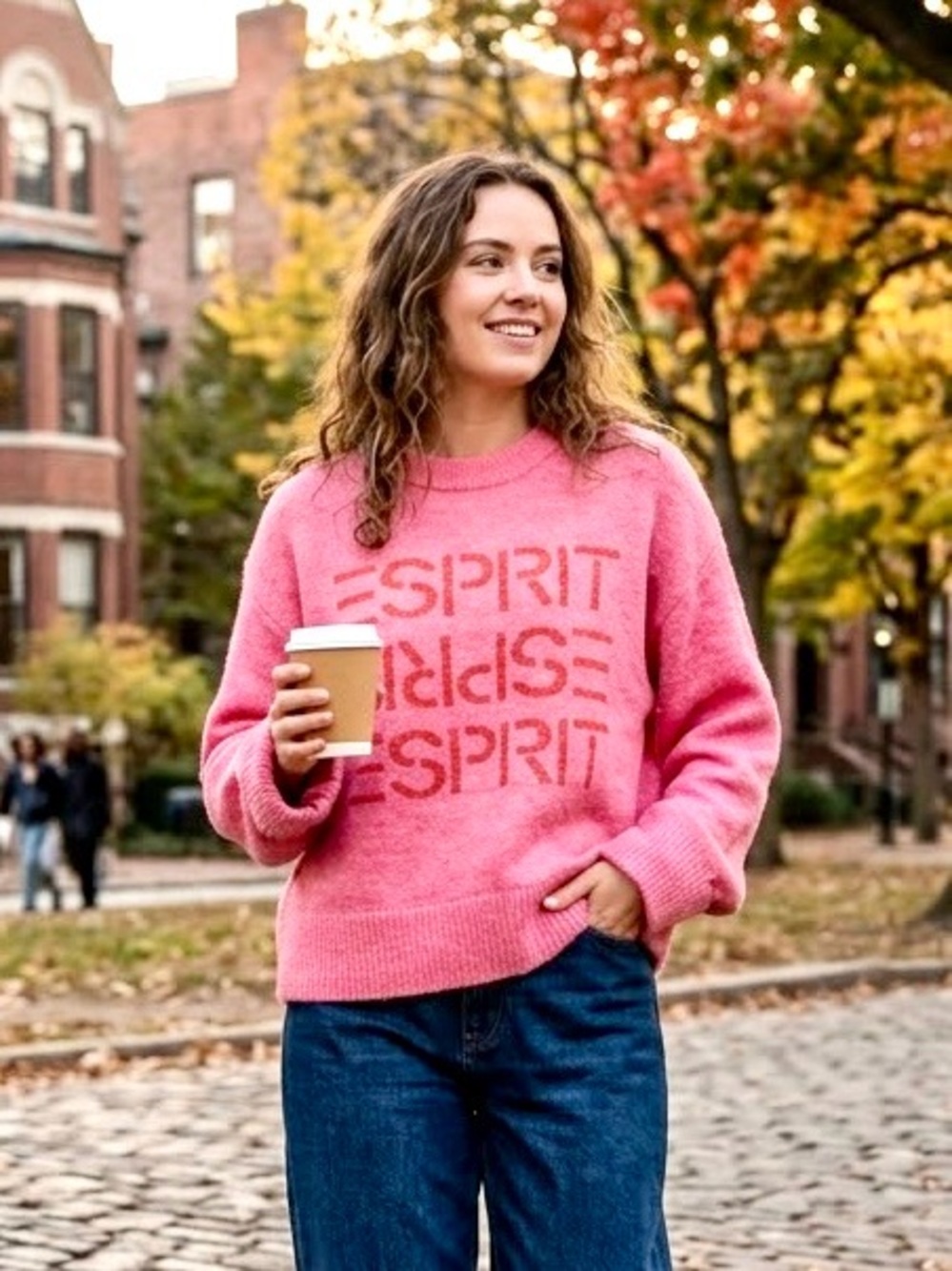 Esprit Pink Fuzzy Graphic Crewneck Knit Sweater Size Large Like New